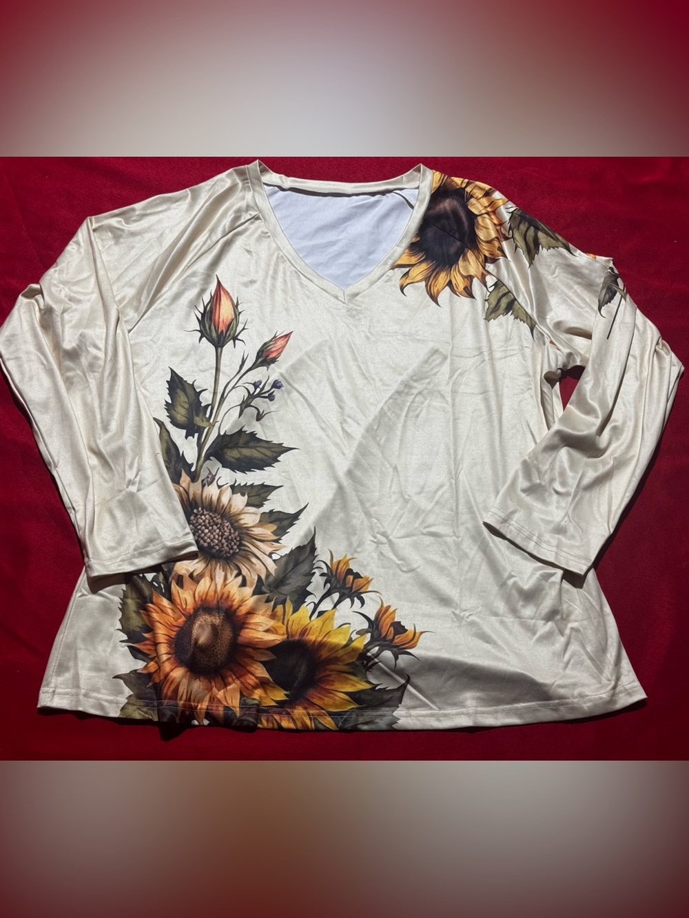 SHEIN Cream V-Neck Long Sleeve Top with Sunflower Print